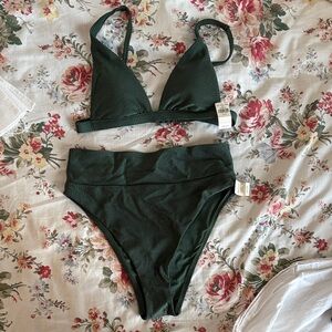 Dark Green Ribbed High Rise Bikini Set Aerie Top XS Bottom M NWT